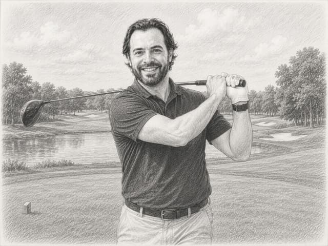 Pencil sketch of Steve Fink swinging a golf club on the links