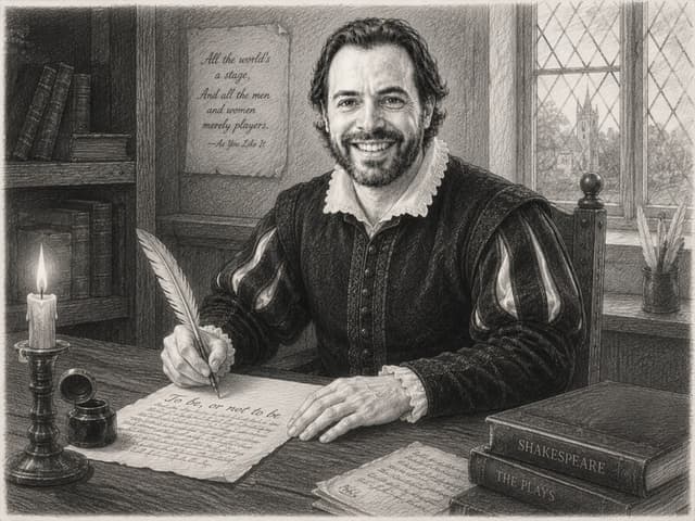 Pencil sketch of Steve Fink as Shakespeare, writing with a quill
