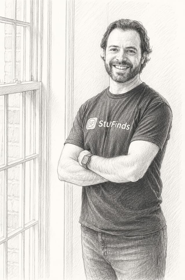 Pencil sketch of Steve Fink, arms crossed