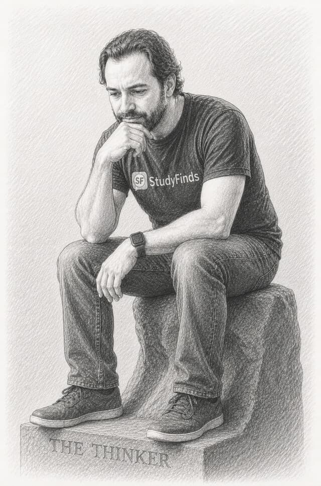 Pencil sketch of Steve Fink as The Thinker